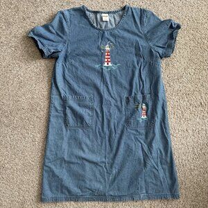 Blair Women's Large Short Sleeve Denim Coastal Nautical Lighthouse Vintage Dress